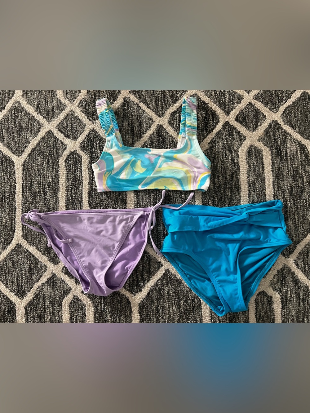 Multi-Color Swirl Bikini Top with Lavender and Teal Bottoms